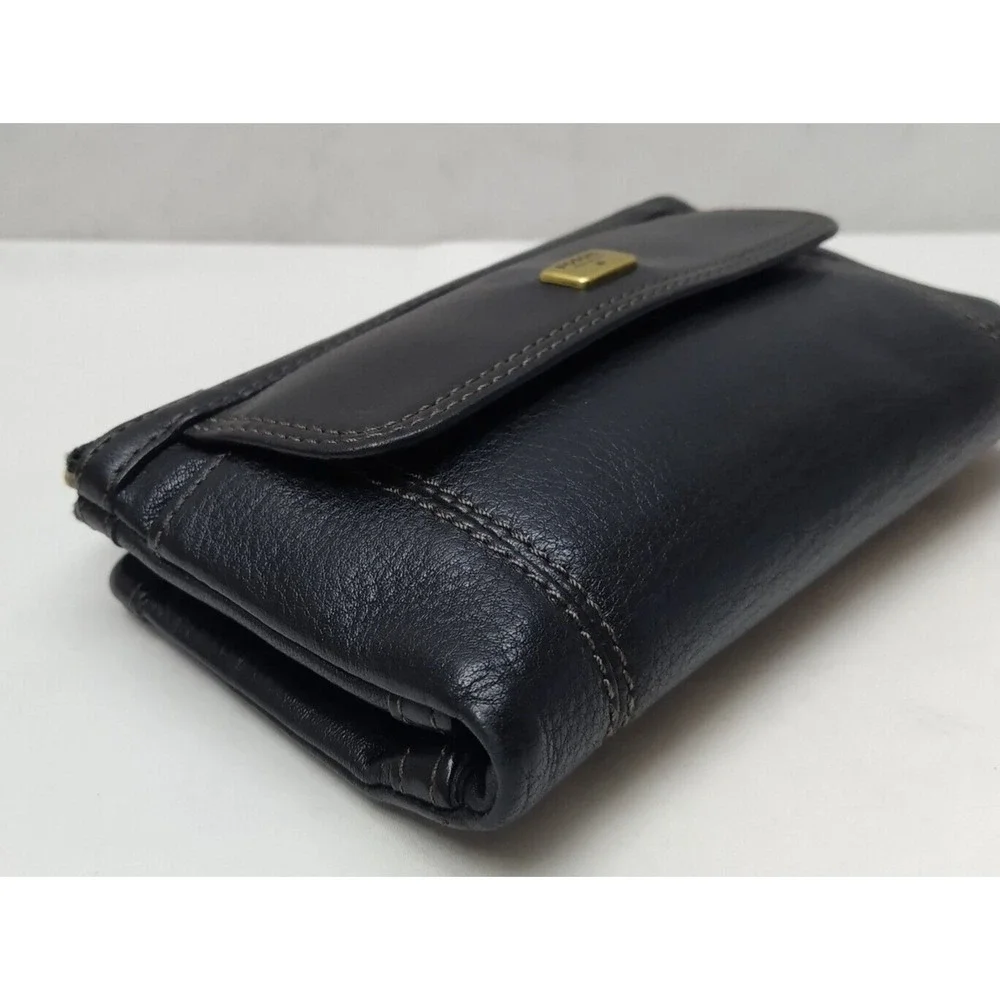 Fossil Black Pebbled Leather Credit Card ID Window Zipper Closure Wallet